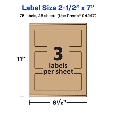 Avery Laser/Inkjet Rectangle Multipurpose Labels, 2.5" x 7", Kraft Brown, 75 Labels/Pack ( 94247)