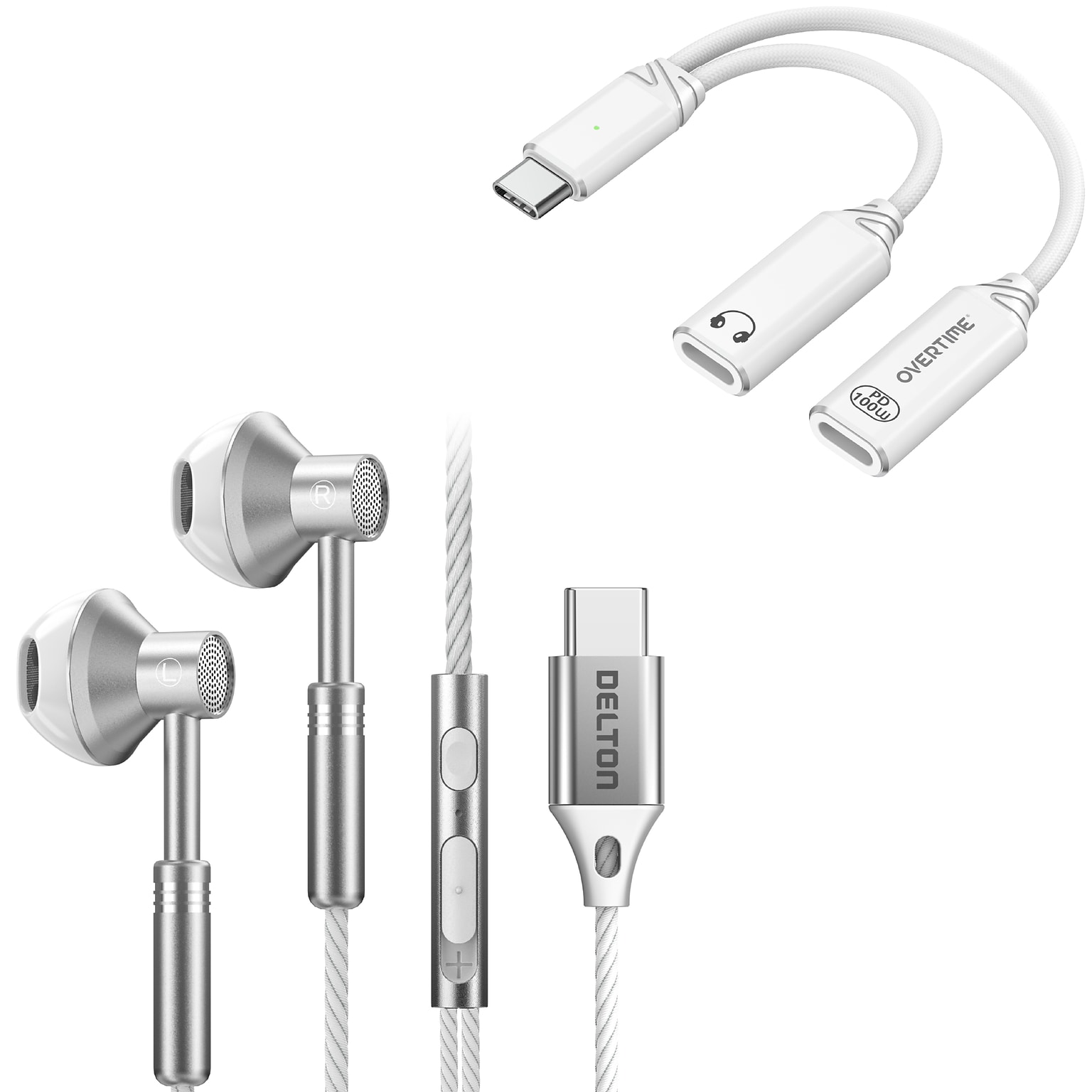 Delton 18EC Wired Earbuds & 2-in-1 USB-C Splitter Adapter Bundle, White (DWH18ECWHKT1)