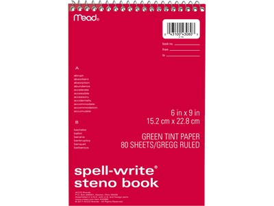 Mead Spell-Write Steno Pad, 6 x 9, Gregg-Ruled, Assorted Colors, 80 Sheets/Pad (43080)