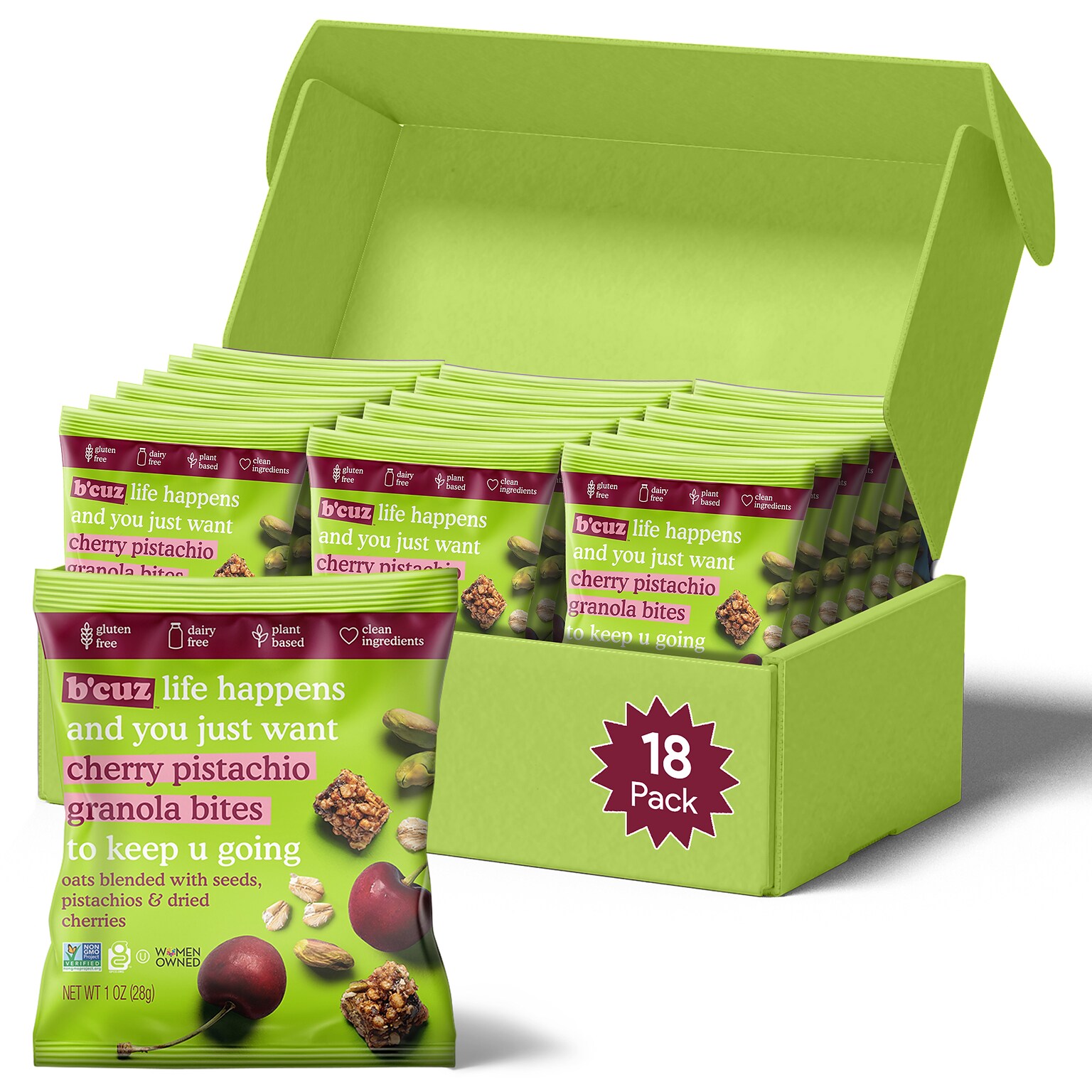 Bcuz Gluten Free Cherry Pistachio Granola Bites, 1 oz., 18 Bags/Box (BCZ-CHE118)