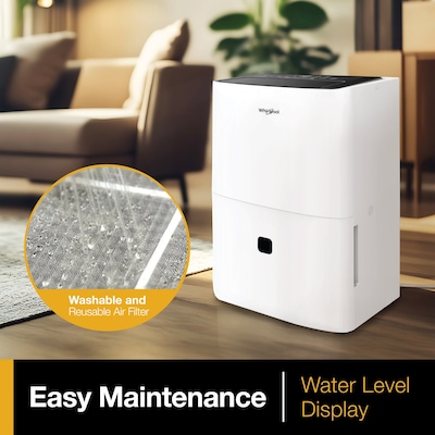 Whirlpool Energy Star 50-Pint Portable Dehumidifier, Covers up to 3,000 sq. ft., White (WHHD501AW)