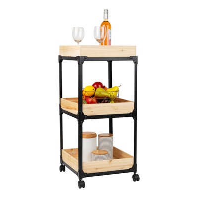 Mind Reader Woodland Collection 3-Shelf Mixed Materials Mobile Utility Cart with Lockable Wheels, Black (3TCARRY-BLK)