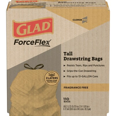 CloroxPro Glad 13 Gallon Drawstring Kitchen Trash Bag, Unscented, Gray, 110 Total Bags (22657)