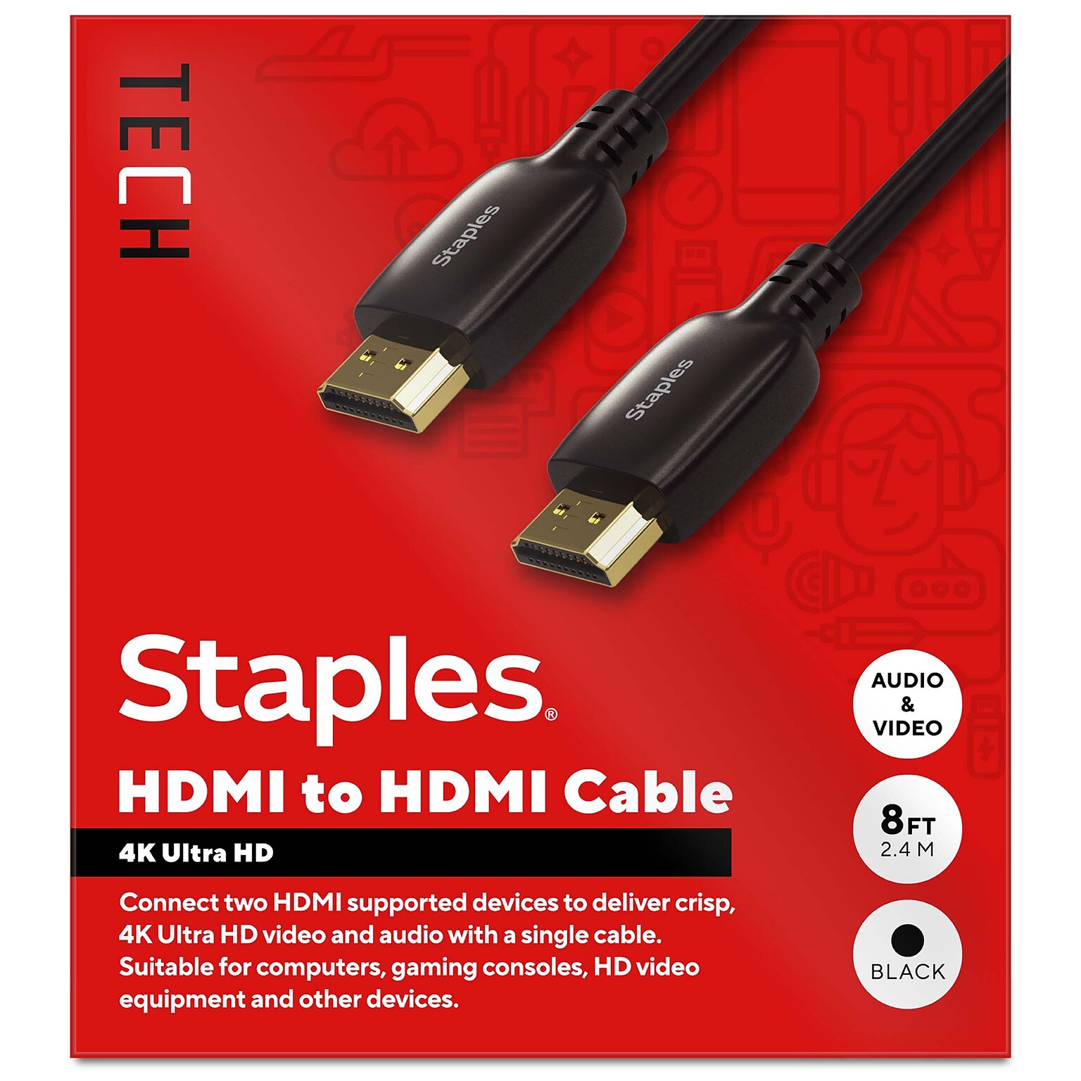 Staples TECH 8 ft. HDMI to HDMI Audio/Video Cable, Male to Male, Black (ST62467)
