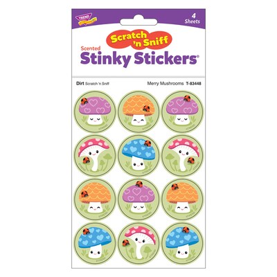 Trend Enterprises Merry Mushrooms Dirt scent Scratch 'n Sniff Stinky Stickers, Multicolored, 48/Pack, 6 Packs/Bundle (T-83448-6)