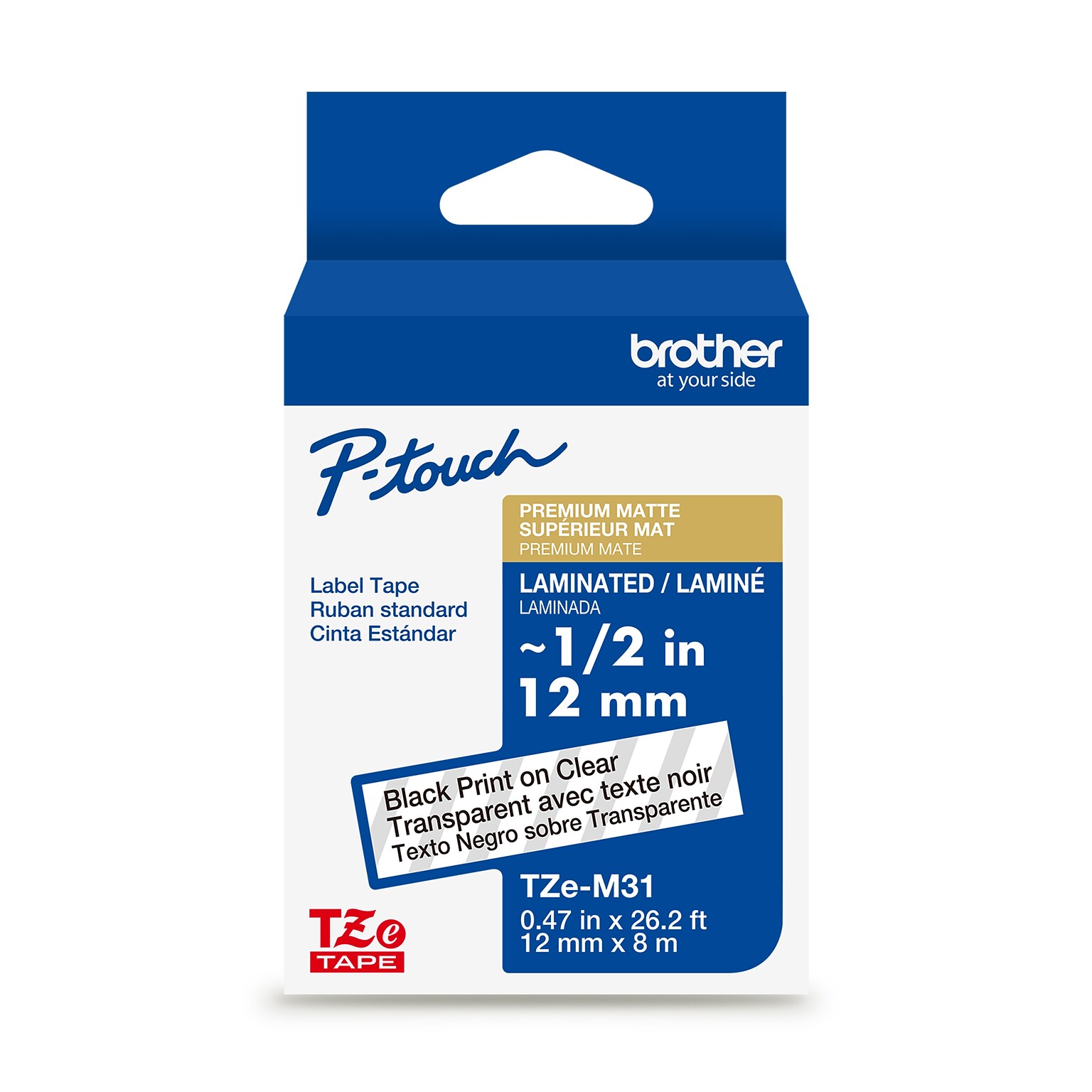 Brother P-touch Premium Matte Laminated Label Tape, ~1/2 x 26.2, Black on Clear (TZeM31)