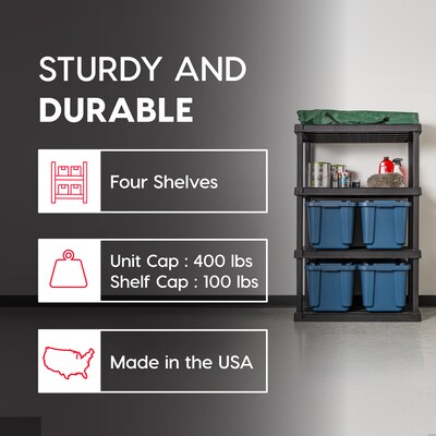 Iris 4-Shelf Plastic Shelving Unit, 55.8" x 35.9" x 17.9", Black (140099)