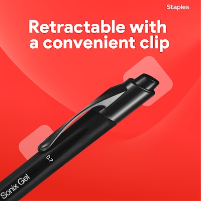 Staples Sonix Retractable Gel Pens, Medium Point, 0.7mm, Black Ink, Dozen (13561-CC)