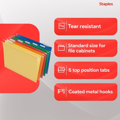 Staples® Heavy Duty Bright Colored Hanging File Folders, 1/5-Cut Tab, Letter Size, Assorted Colors, 25/Box (ST875411-CC)
