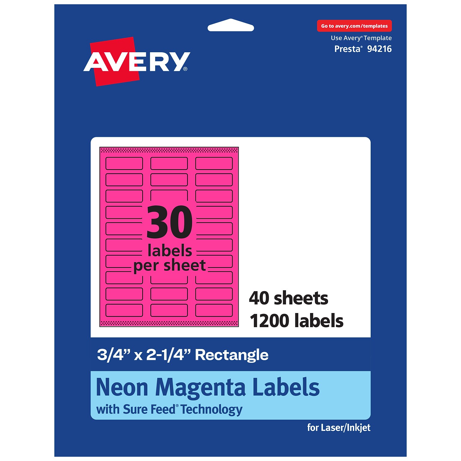 Avery Laser/Inkjet Rectangle Multipurpose Labels, 0.75 x 2.25, Neon Magenta, 1200/Pack (94216)