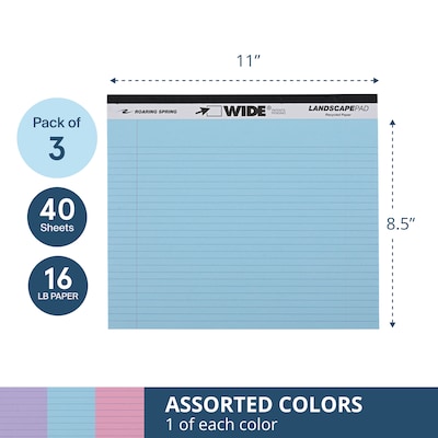 Roaring Spring WIDE Landscape Notepad, College Ruled, 11" x 9.5", Assorted Colors, 40 Sheets, 3/Pack (74535)