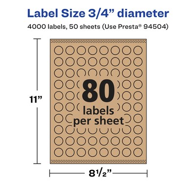Avery Laser/Inkjet Round Multipurpose Labels, 0.75" Dia., Kraft Brown, 4,000 Labels/Box (94504)
