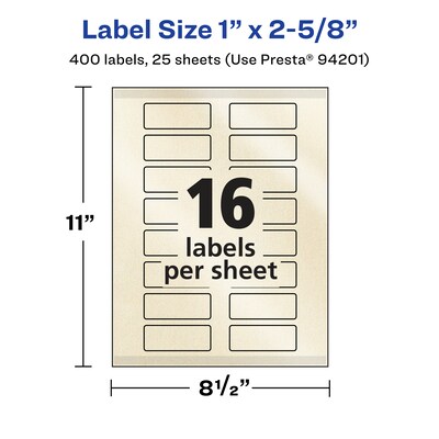 Avery Pearlized Ivory Rectangle Multipurpose Labels, 1" x 2-5/8", Ivory, 400/Pack (94201)