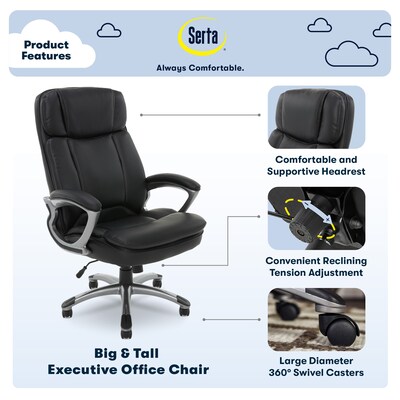 Serta Big & Tall Ergonomic Faux Leather Executive Big & Tall Chair, 350 lb. Capacity, Black (43675OSS)