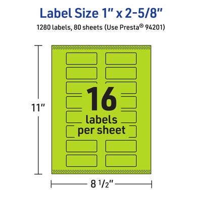 Avery Printable Rectangle Multipurpose Labels, 1" x 2-5/8", Bright Green, 1280/Box (94201)