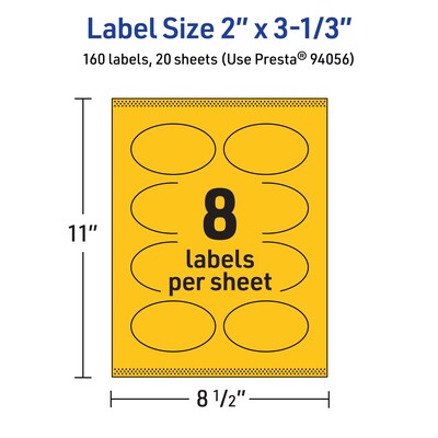 Avery Laser/Inkjet Oval Multipurpose Labels, 2" x 3-1/3", Bright Yellow, 160/Pack (94056)