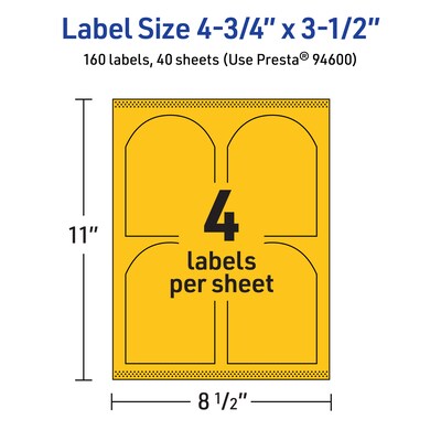 Avery Laser/Inkjet Arched Multipurpose Labels, 4.75" x 3.5", Bright Yellow, 160/Pack (94600)