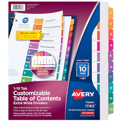 Avery Ready Index Table of Contents Extra-Wide Paper Dividers, 1-10 Tab, Multicolor (11165)