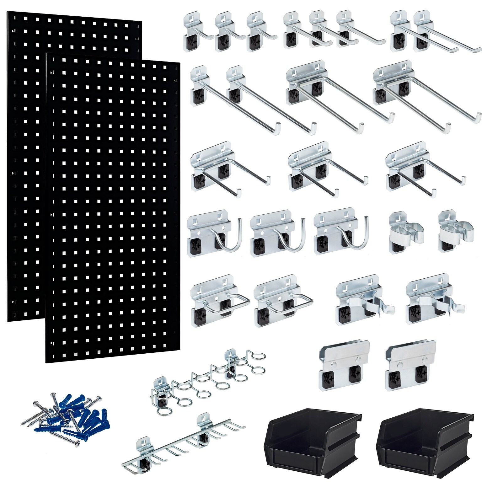 Triton Products LocBoard Pegboards with 30 pc. LocHook Assortment and Hanging Bin System (LB18-BKKit)