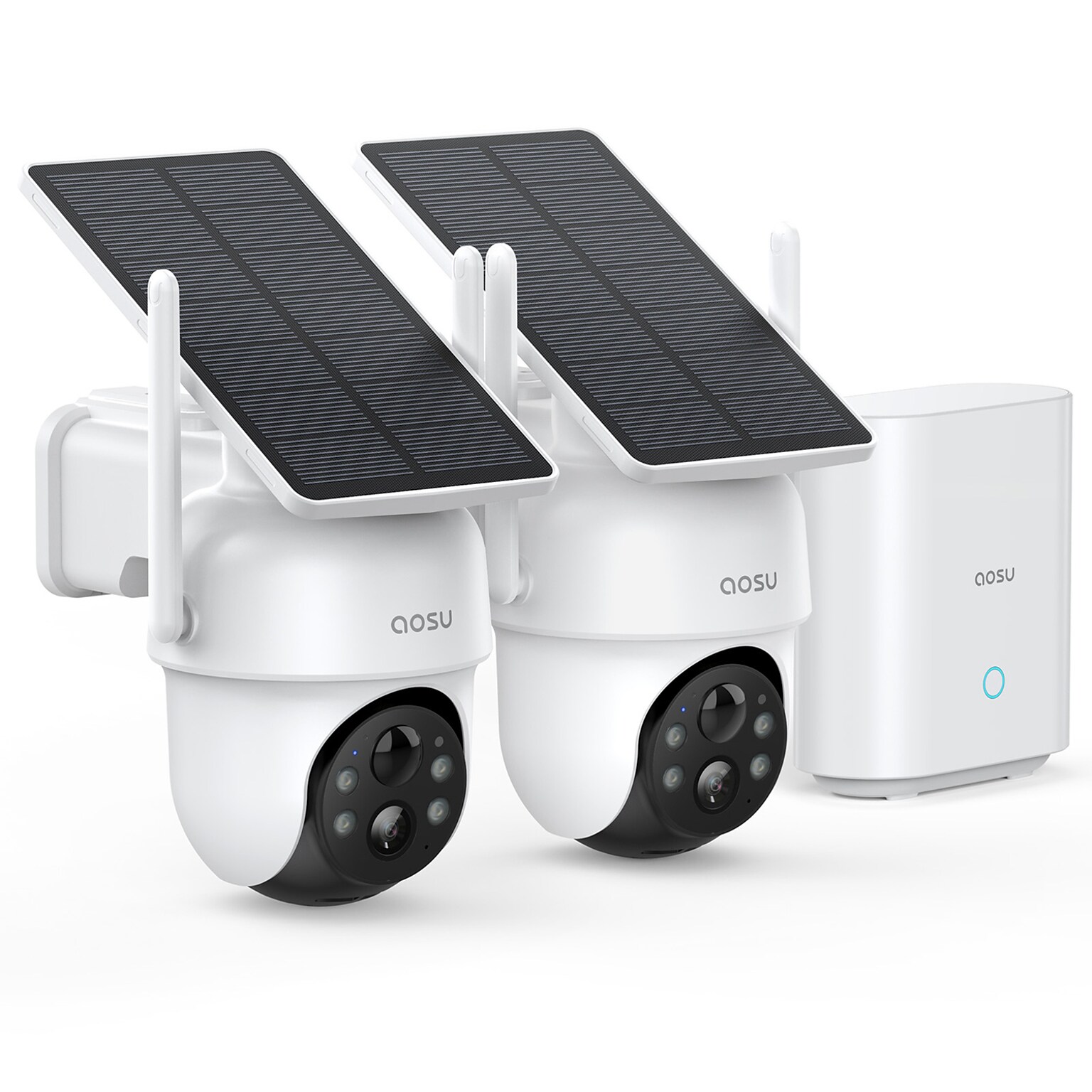 aosu 2K QHD 3.0-MP Outdoor Dual-Band Wireless AI-Smart Solar Security 2-Camera Kit w/HomeBase Recorder, White (C9C3CA11)