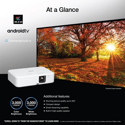 Epson EpiqVision Flex Wireless FHP Portable LCD Home Theater Smart Projector, White (V11HA85020-N)