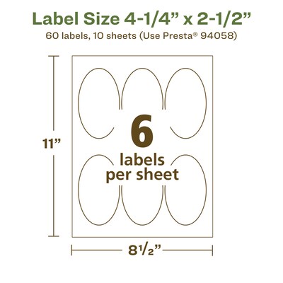 Avery EcoFriendly Laser/Inkjet Oval Multipurpose Labels, 4-1/4" x 2-1/2", White, 60/Pack (94058)