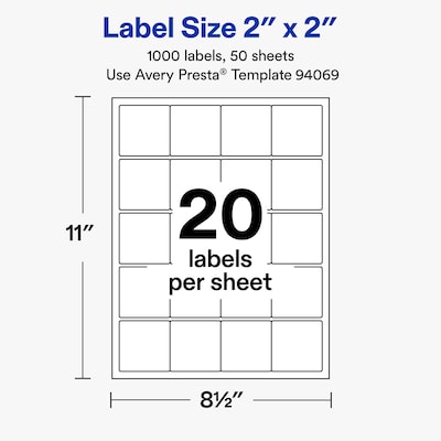 Avery Square Laser/Inkjet Multipurpose Labels, 2" x 2", White, 20 Labels/Sheet, 50 Sheets/Pack (19479311260)
