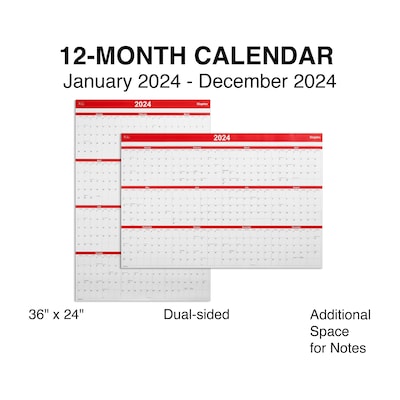 2024 Staples 36" x 24" Wall Calendar, Red (ST53903-24)