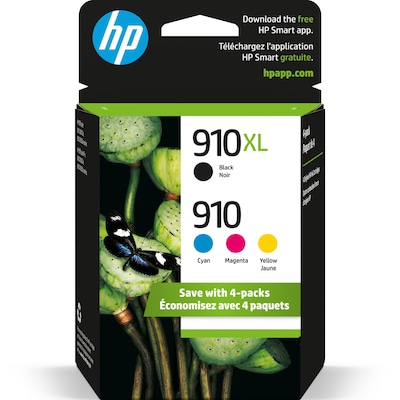 HP 910XL/910 Black High Yield and Cyan/Magenta/Yellow Standard Yield Ink Cartridge, 4/Pack (3JB41AN#