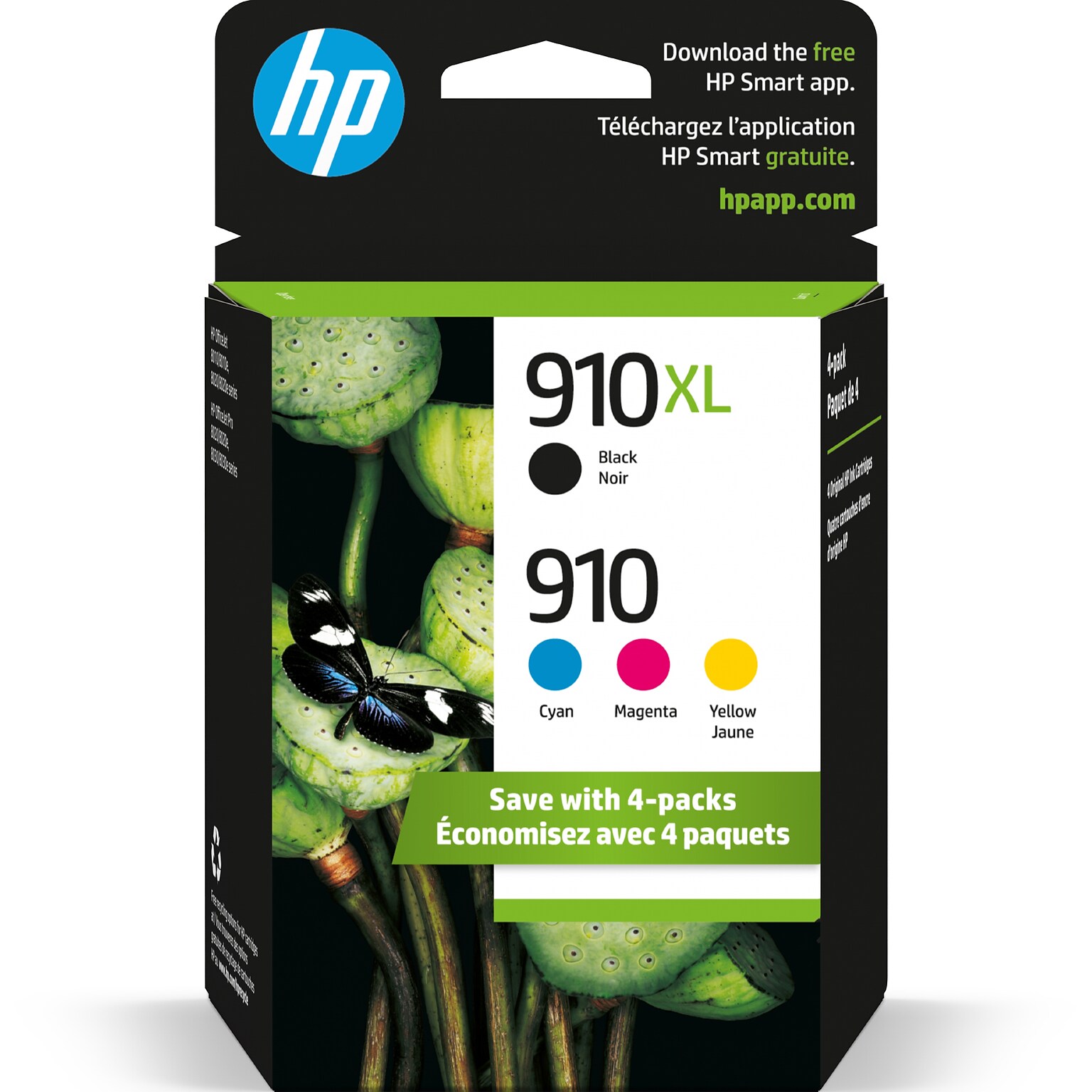 HP 910XL/910 Black High Yield and Cyan/Magenta/Yellow Standard Yield Ink Cartridge, 4/Pack (3JB41AN#140)