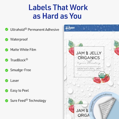 Avery Waterproof Square Laser Multipurpose Labels, 4 x 4, White, 400/Box (19479399459)