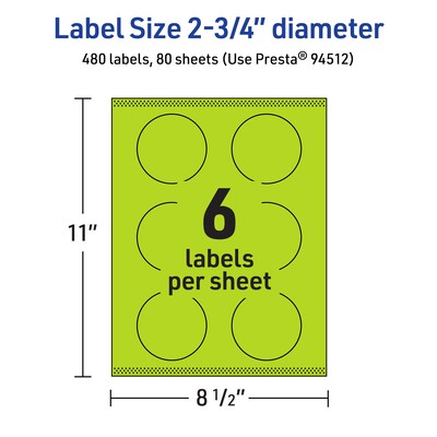 Avery Circle Multipurpose Labels, 2.75" Dia., Bright Green, 480/Box (94512)