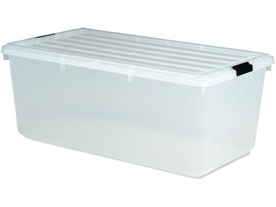 Iris Stackable Plastic Storage Box, 13" x 33.5" x 17.8", 91 Qt., Clear, 4/Pack (100201)