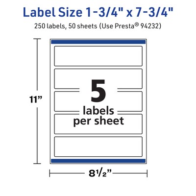 Avery TrueBlock Laser/Inkjet Rectangle Multipurpose Labels, 1.75" x 7.75", White, 250/Box (94232)