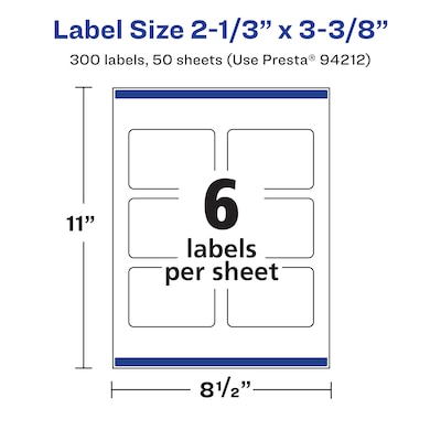 Avery Laser/Inkjet Rectangle Waterproof Multipurpose Labels, 3.375"  x 2.3333", White, 300/Box (94212)