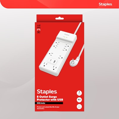 Staples TECH 8-Outlet 2-USB Port Surge Protector, 6', 2100 Joules, White (ST62775)
