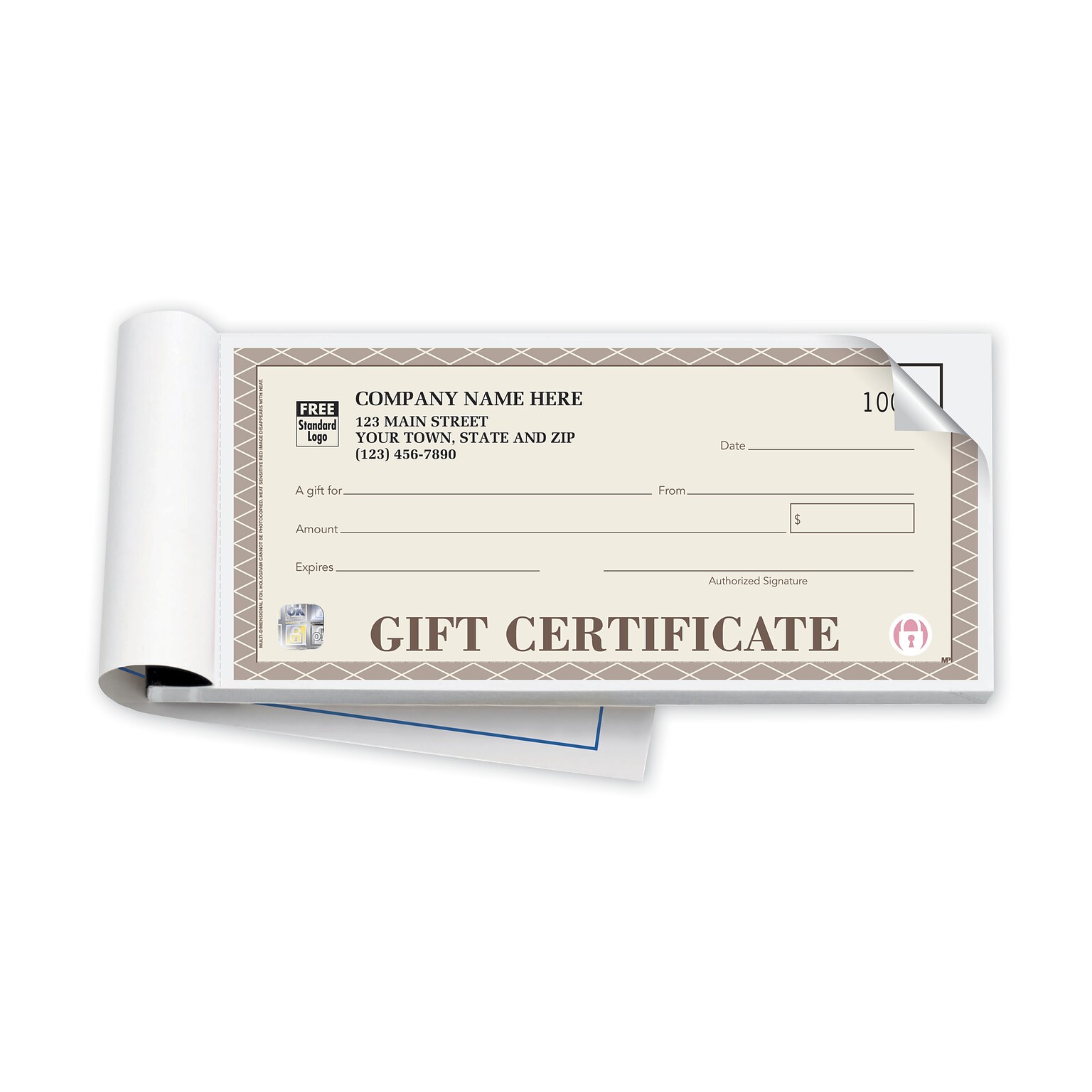 Custom High Security Santa Fe Gift Certificates - Booked with Duplicate, 1 Color Printing, 7 3/4 x 3 3/8, 100/Pack