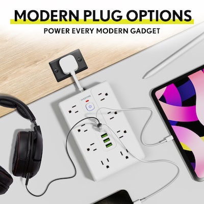 Overtime OS70 22-in-1 Multi-Port Power Strip with 16 AC Outlets, 3 USB-A & 3 USB-C Ports, White (OADOS70)