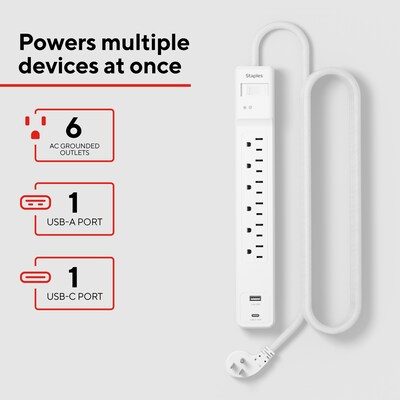 Staples TECH 6-Outlet 2-USB Port Surge Protector, 6, 1800 Joules, White (ST62777)