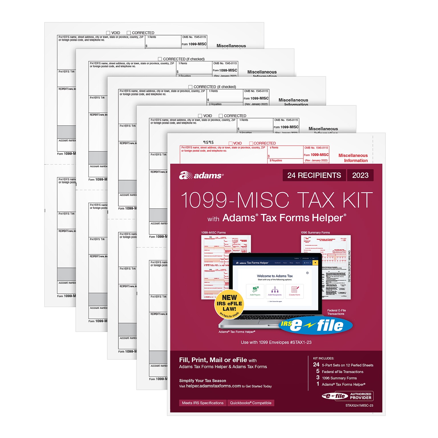 Adams 2023 1099-MISC Tax Forms Kit with Adams Tax Forms Helper and 5 Free eFiles, 24/Pack (STAX5241MISC-23)