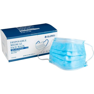 Global Industrial Disposable Medical Face Mask, 3-Ply w/Earloops, ASTM Level 3, Blue, 50/Box (732145)