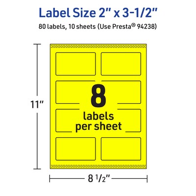 Avery Laser/Inkjet Rectangle Multipurpose Labels, 2" x 3.5", Neon Yellow, 80/Pack (94238)