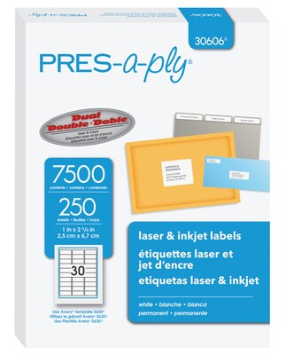 PRES-a-ply Laser/Inkjet Address Labels, 1 x 2-5/8, White, 30 Labels/Sheet, 250 Sheets/Box (30606)