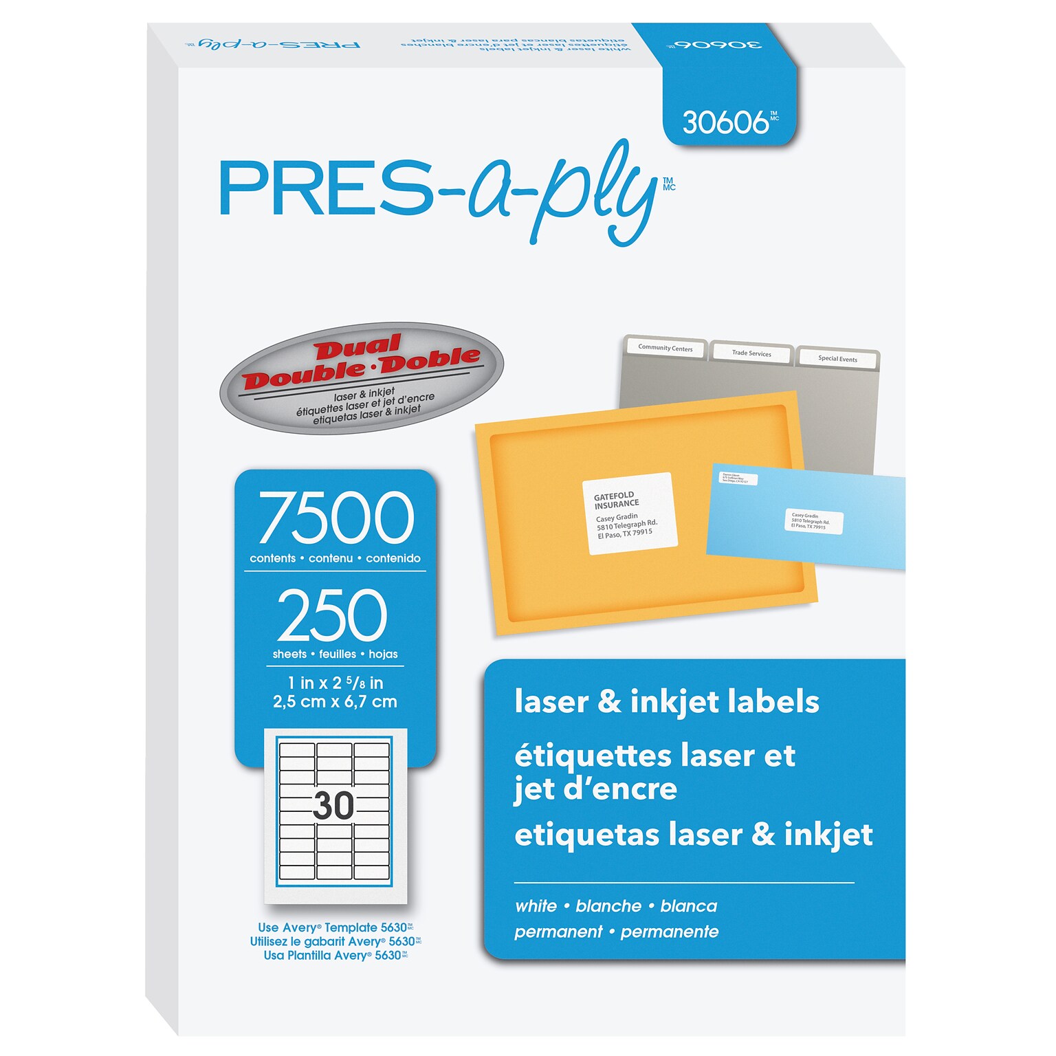 PRES-a-ply Laser/Inkjet Address Labels, 1 x 2-5/8, White, 30 Labels/Sheet, 250 Sheets/Box (30606)
