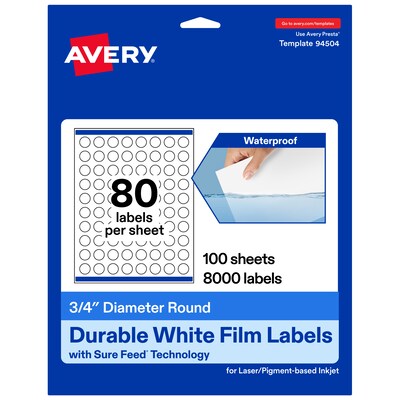 Avery Laser/Inkjet Circle  Waterproof Multipurpose Labels, 0.75  Dia, White, 8000/Box (94504)