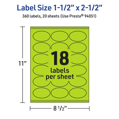 Avery Printable Oval Multipurpose Labels, 1.5" x 2.5", Bright Green, 360/Pack (94051)