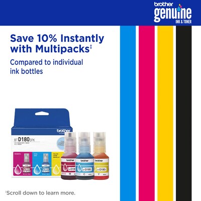 Brother BTD180 Cyan/Magenta/Yellow High Yield Ink Cartridge Refill, Prints Up to 5,000 Pages
