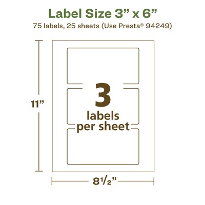 Avery EcoFriendly Laser/Inkjet Rectangle Multipurpose Labels, 3" x 6", White, 75/Pack (94249)