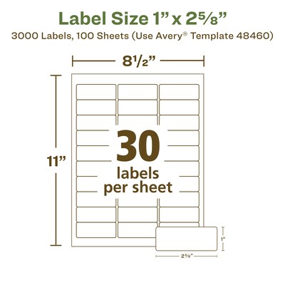 Avery EcoFriendly Laser/Inkjet Address Labels, 1" x 2-5/8", White, 3000 Labels/Box (48460)
