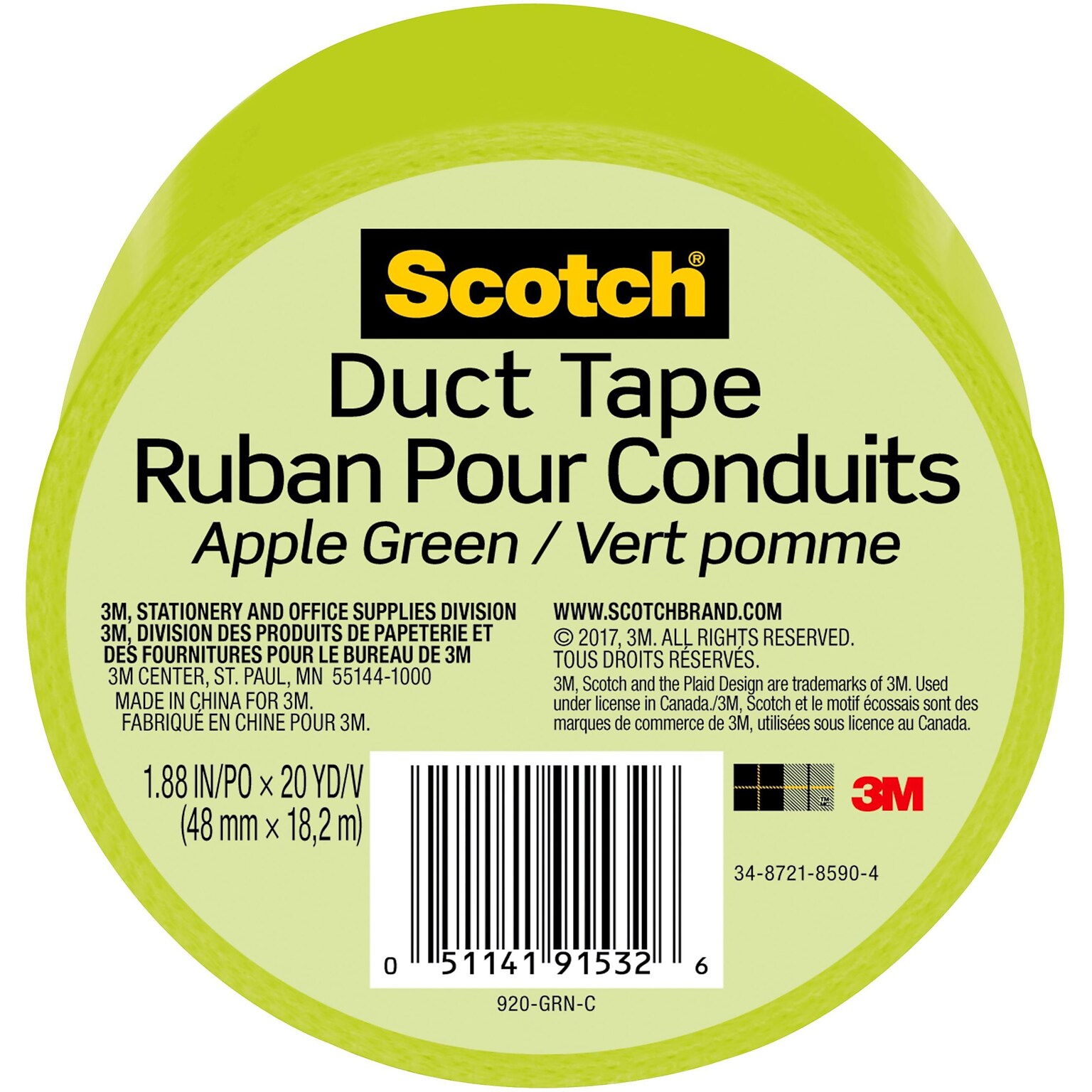 Scotch Duct Tape, 1.88 x 20 yds., Green (920-GRN-C)